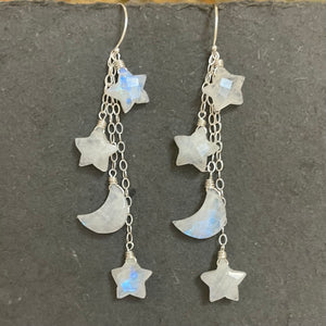 Stars and Moon Earrings, Rainbow Moonstone