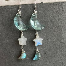 Load image into Gallery viewer, Crescent Moon and Star Earrings, metal and earwire options