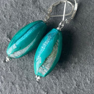 Trio Foiled Blue floral Murano Glass Dangle Earrings