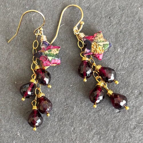 Mohave Turquoise Star and Rhodolite Garnet Cascade Earrings, Gold, OOAK