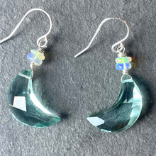 Load image into Gallery viewer, Aqua Blue Quartz and Opal Crescent Moon Earrings, metal and earwire options