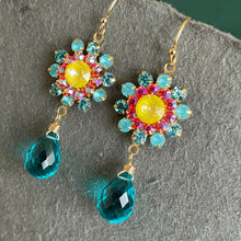 Load image into Gallery viewer, Aquamarine Opal, Yellow and Coral Pink Floral Dangle Earrings