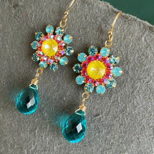 Aquamarine Opal, Yellow and Coral Pink Floral Dangle Earrings