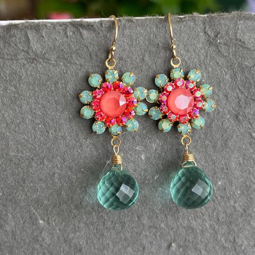 Seafoam Opal and Coral Pink Floral Dangle Earrings