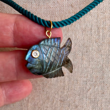 Load image into Gallery viewer, Go Fish! Labradorite and Cubic Zirconia Carved Fish Necklace, Teal Cord