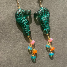 Load image into Gallery viewer, Seahorse Czech Glass and Opal Earrings, OOAK