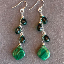 Load image into Gallery viewer, Emerald Green Malachite and Quartz Trio Cascade Earrings, OOAK