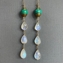 Load image into Gallery viewer, Artisan Turquoise and Rainbow Moonstone Dangle Earrings, OOAK