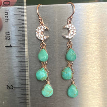 Load image into Gallery viewer, Sparkling Moon Rose Gold and Turquoise Cascade Earrings, OOAK