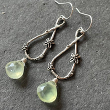 Load image into Gallery viewer, Prehnite single drop artisan flower earrings, OOAK