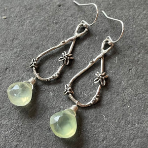 Prehnite single drop artisan flower earrings, OOAK