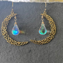 Load image into Gallery viewer, Fire Moonstone Crescent Moon Gold Vermeil Earrings