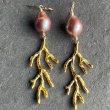 Load image into Gallery viewer, Baroque Pearl Coral Branch Chandelier Earrings, Mauve, OOAK