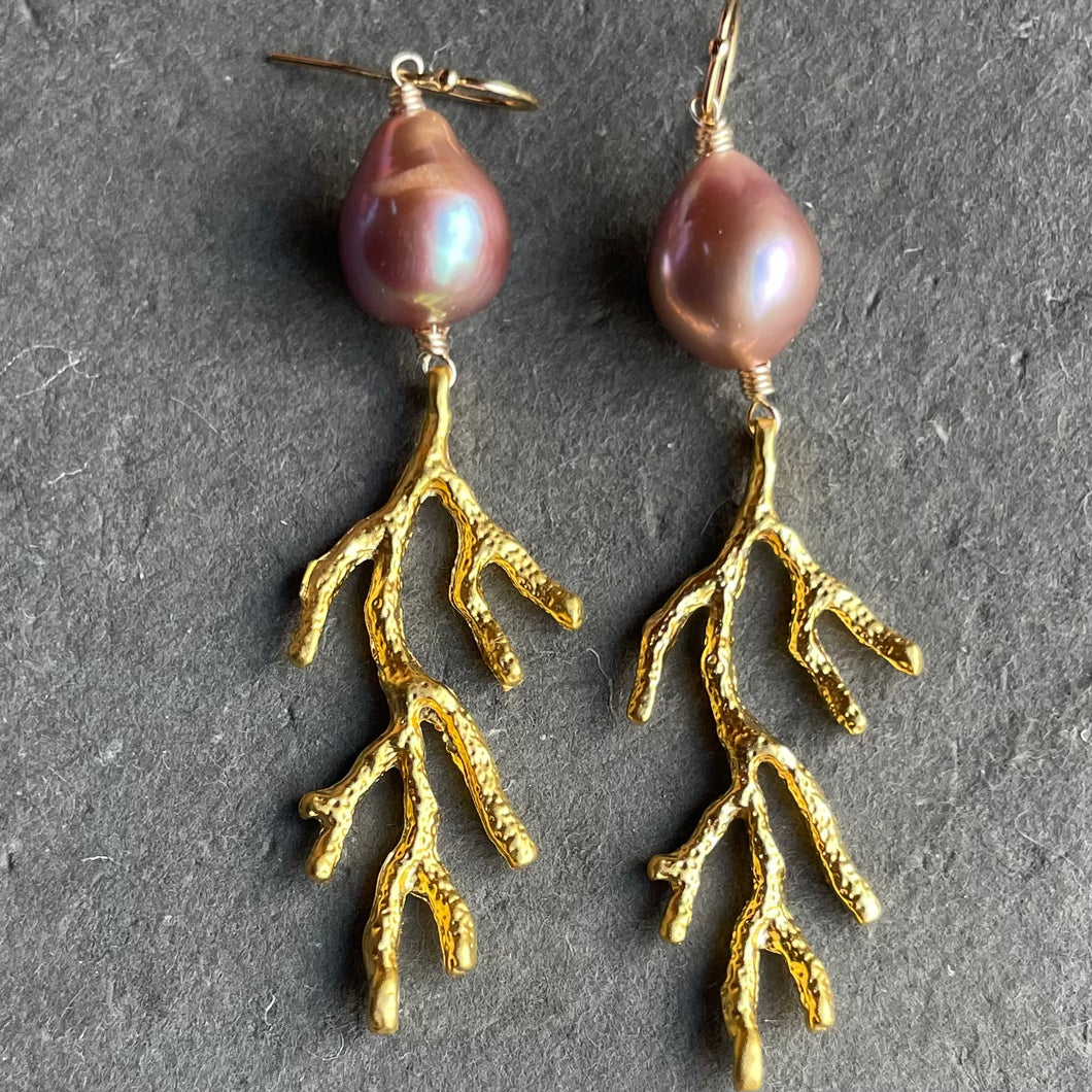 Baroque Pearl Coral Branch Chandelier Earrings, Mauve, OOAK