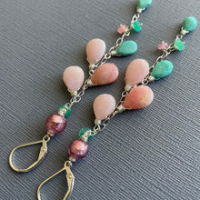 Load image into Gallery viewer, Pink Opal, Murano Glass, Amethyst, Turquoise Cascade Cluster Earrings