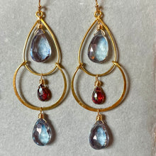 Load image into Gallery viewer, Mystic Blue Quartz and Garnet Gold Filled Double Hoops, OOAK
