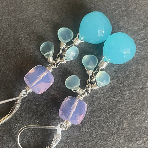 Aqua and Lavender Quartz Onion Cut Cascade Earrings