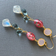 Load image into Gallery viewer, Moroccan Cut Moonstone, Vintage Glass, and Blue Topaz Long Dangles, OOAK