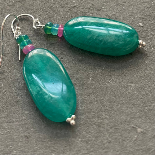 Smooth Amazonite and Opal Earrings, OOAK