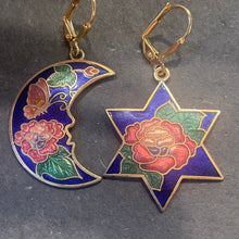 Load image into Gallery viewer, Vintage Cloisonné Estate Moon and Star Earrings, OOAK