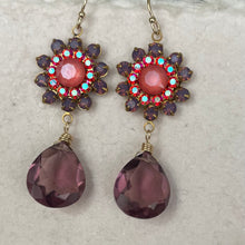 Load image into Gallery viewer, Lavender Opal, Coral Pink and Plummy Quartz Floral Teardrop Earrings