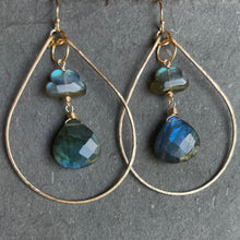 Load image into Gallery viewer, Raincloud and Raindrop Labradorite KATIE Hammered 2&quot; Hoop Earrings Size: Medium , sterling, rose gold or gold