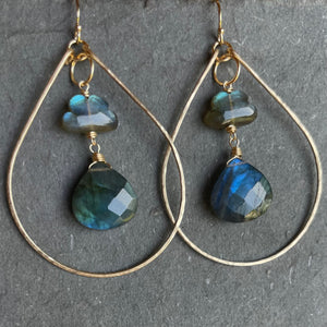 Raincloud and Raindrop Labradorite KATIE Hammered 2" Hoop Earrings Size: Medium , sterling, rose gold or gold