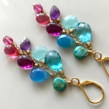 Load image into Gallery viewer, Kingman Turquoise, Chalcedony, Amethyst and Quartz Cascade Cluster Earrings, metal and earwire options