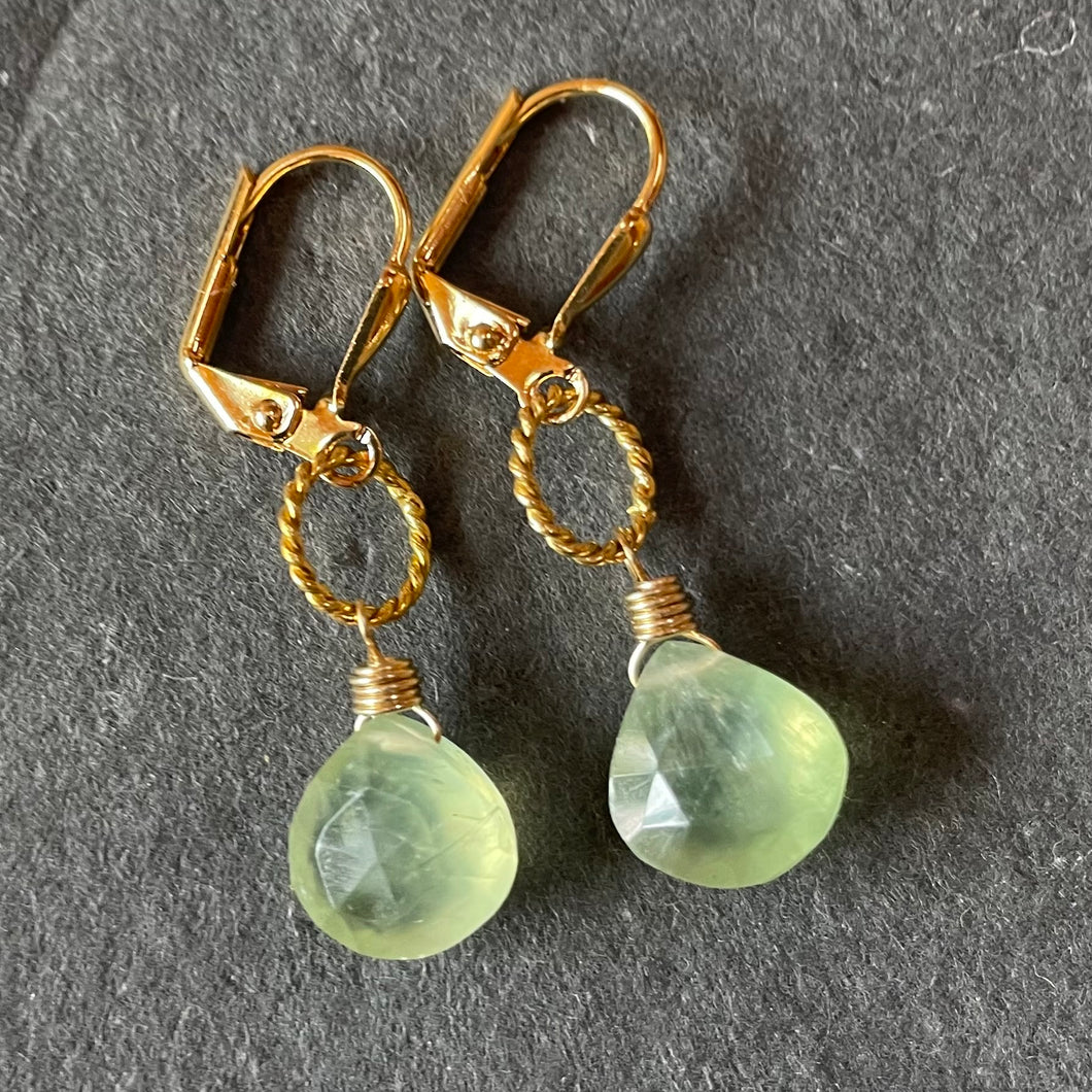 Prehnite single drop small hoop earrings, OOAK