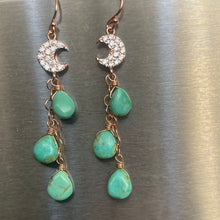 Load image into Gallery viewer, Sparkling Moon Rose Gold and Turquoise Cascade Earrings, OOAK