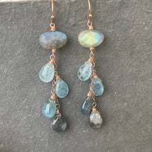 Load image into Gallery viewer, Labradorite and Moss Aquamarine Cascade Earrings, 14k Rose Gold Filled, OOAK