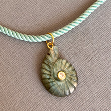 Load image into Gallery viewer, Labradorite and Cubic Zirconia carved Ammonite Necklace, Light Teal Cord