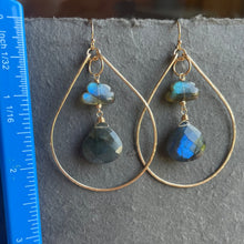 Load image into Gallery viewer, Raincloud and Raindrop Labradorite KATIE Hammered 2&quot; Hoop Earrings Size: Medium , sterling, rose gold or gold