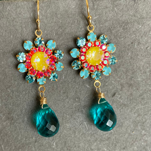 Aquamarine Opal, Yellow and Coral Pink Floral Dangle Earrings