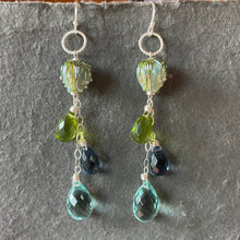 Load image into Gallery viewer, Flora European Lampwork And Quartz Dangle Earrings, Aqua, Smoke Blue and Greens, metal and earwire options