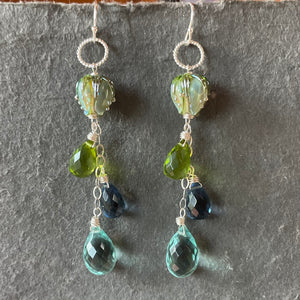 Flora European Lampwork And Quartz Dangle Earrings, Aqua, Smoke Blue and Greens, metal and earwire options