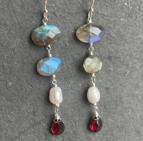 Shimmery Season Labradorite, Pearl and Garnet Dangles, OOAK