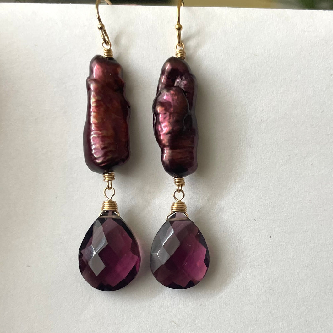 Biwa Plum Pearl and Quartz Earrings, OOAK