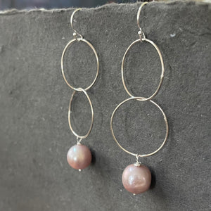 Mauve-y Pink Edison Pearl Double Hoop Earrings, Sterling Silver, OOAK