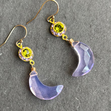 Load image into Gallery viewer, Lavender and Peridot Green Carved Moon Dangles