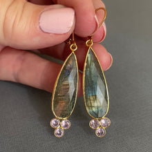 Load image into Gallery viewer, Gold Shimmer Queen Labradorite and Lilac CZ Earrings, OOAK
