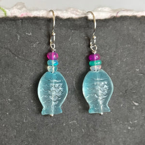 Aqua Blue Fish and Opal Earrings