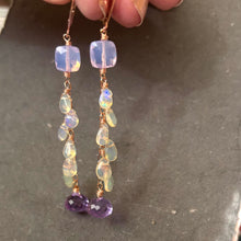 Load image into Gallery viewer, Cushion cut lavender, Opal, and Grape Cascade Earrings, metal choices