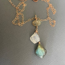Load image into Gallery viewer, Rainbow Moonstone and Labradorite Moroccan Cut Necklace, 14k Rose Gold Filled, OOAK