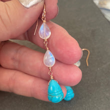 Load image into Gallery viewer, Carved Turquoise Hive and Moonstone Earrings, Rose Gold, OOAK