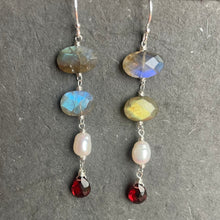 Load image into Gallery viewer, Shimmery Season Labradorite, Pearl and Garnet Dangles, OOAK