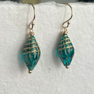 Conch Shell Earrings, Teal Czech Glass