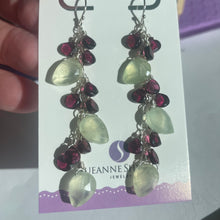 Load image into Gallery viewer, Cherry Tree Prehnite and Garnet Cascade Earrings