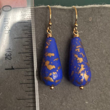 Load image into Gallery viewer, Royal Blue and Gold Teardrop Czech Glass Dangle Earrings