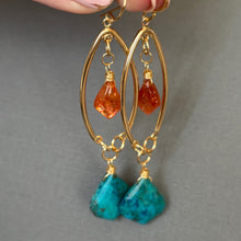 Load image into Gallery viewer, Chrysocolla and Sunstone Marquis Open Hoop Earrings, OOAK